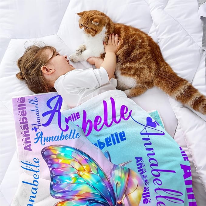 Custom Girl Blanket with Name Personalized Butterfly Blanket Customized Soft Throw Blanket for Newborn Toddler Teens Baby Shower Birthday