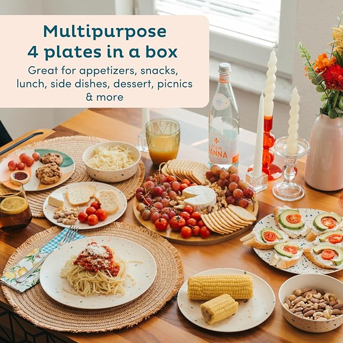 Nook Theory 4 Pack Reusable Bamboo Plates - Non-Toxic Toddler and Kids Plate, Dishwasher Safe, Not Microwavable Dinnerware (Wonderland 8")