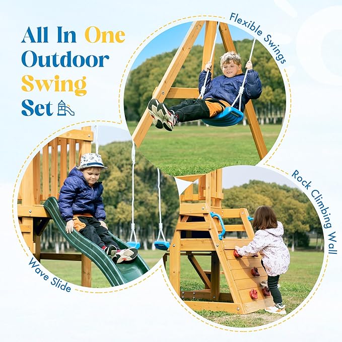 ROBUD Swing Sets for Backyard, Wooden Swing Set, All-in-One Kids Outdoor Play Equipment with Two Swings, Slide, Rock Climbing Wall, Blackboard, Telescope, Fort, Outdoor Playset for Kids & Toddlers