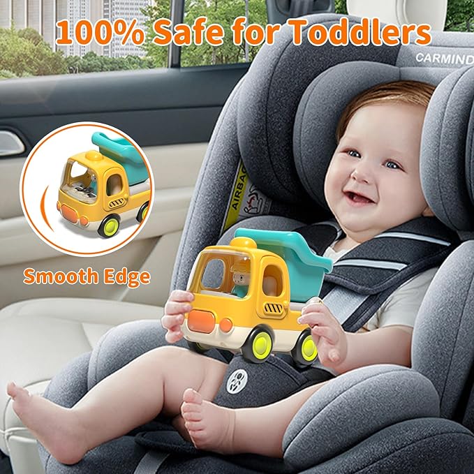 Baby Toys Push Cars for 1 2 3 Year Old Friction Powered Construction 3 Pack Friction Vehicle Set Excavator Dumper Cement Mixer Truck Lights and Musial Toys Birthday Gifts for Toddlers 1-3