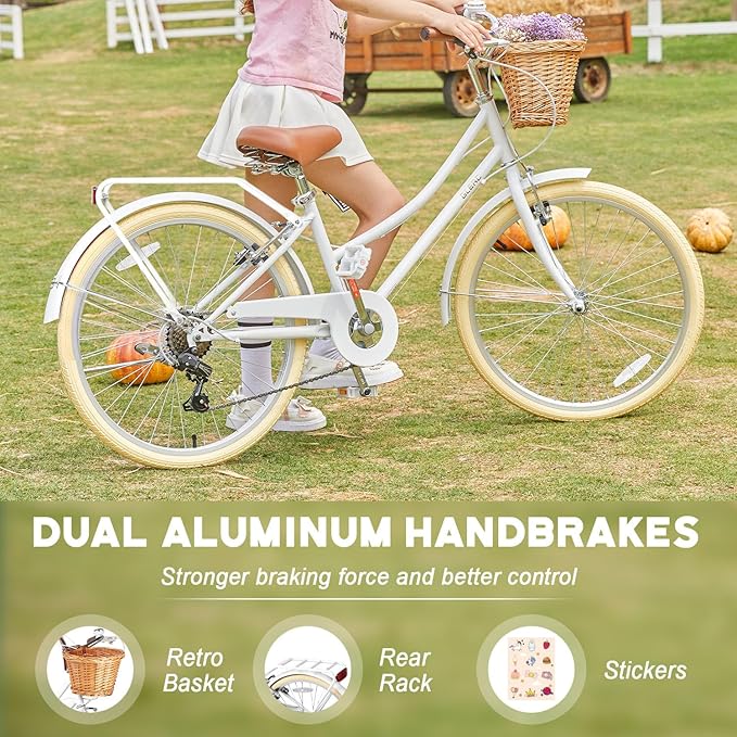 Glerc 20 24 26 Inch Beach Cruiser Bike, 6-Speed Hybrid City Bicycle for Girls Youth and Over 6 Years Old, Missy Bike with Wicker Basket & Lightweight, Multiple Colors