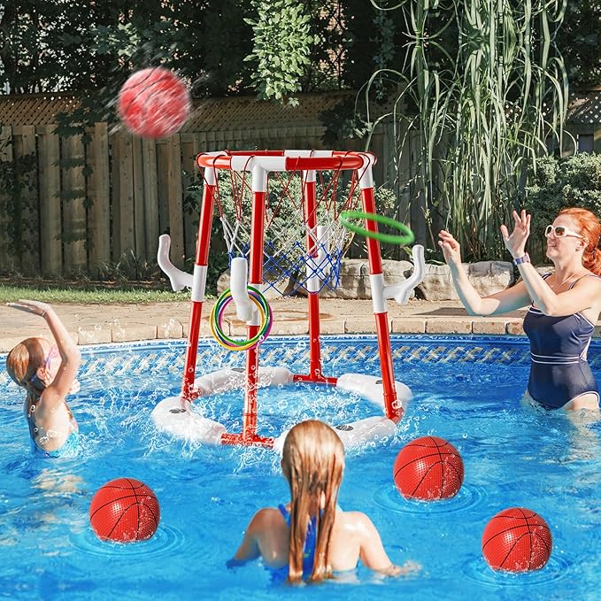 Pool Basketball Hoop Toys for Kids Ages 4-8 8-12 & Adult, Summer Outdoor Swimming Pool Games Water Play Toys Family Party for Kids, 2 in1 Pool Basketball Hoop & Ring Game with 4 Balls 12 Rings & Pump