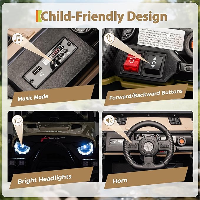 Kids Ride On Truck Car, 12V Ride On Toy Battery Powered Vehicles w/Parent Remote, Spring Suspension, Electric Car for Kids with Bluetooth Music, LED Light, Ideal Car Gift for Boys Girls, Khaki