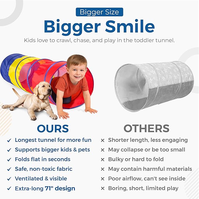 Toddler Play Tunnel – Sensory Crawl Tunnel Tent for Kids, Pop Up Indoor Outdoor Toy Tunnel for Toddlers, Rainbow Play Tent for Boys & Girls (Foldable 6 ft Tunnel)