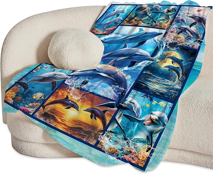 Dolphin Blanket Ultra Soft Cozy Dolphin Throw Blanket Fleece Fuzzy Plush Bedding Marine Life Lovers Gifts for Women Girls Kids Adults Couch Sofa 60"x50"