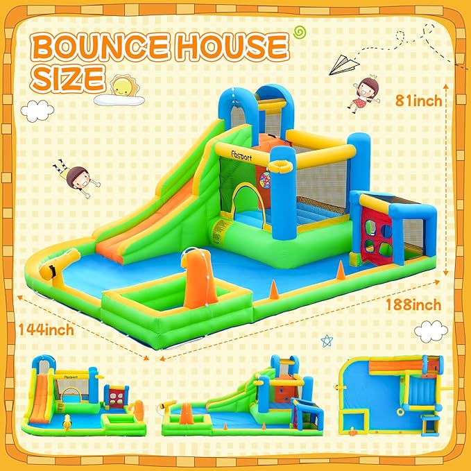 FBSPORT Inflatable Bounce House, 9 in 1 Water Slide with Blower, Bouncy House for Kids Indoor Outdoor Wet Dry Combo Water Bounce House with Football Shooting, Water Gun, Splash Pool, Bounce Area, Hose