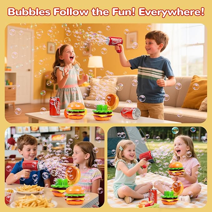 Burger & Cola Bubble Machine Combo W/Bubble Gun, 10 Bubble Solution Packs, Kids Automatic Bubble Blower Toy W/Music & Light, Handheld & Tabletop Bubble Maker, Gift for Birthday, Party Outdoor Fun