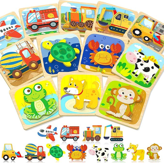 Benresive Wooden Toddler Puzzles, Montessori Toys for 1 2 3 Year Old Boys, Toys for 1 2 3 Year Old Boy Birthday Gifts, 12 Pack Vehicle Toddler Learning Educational Puzzles