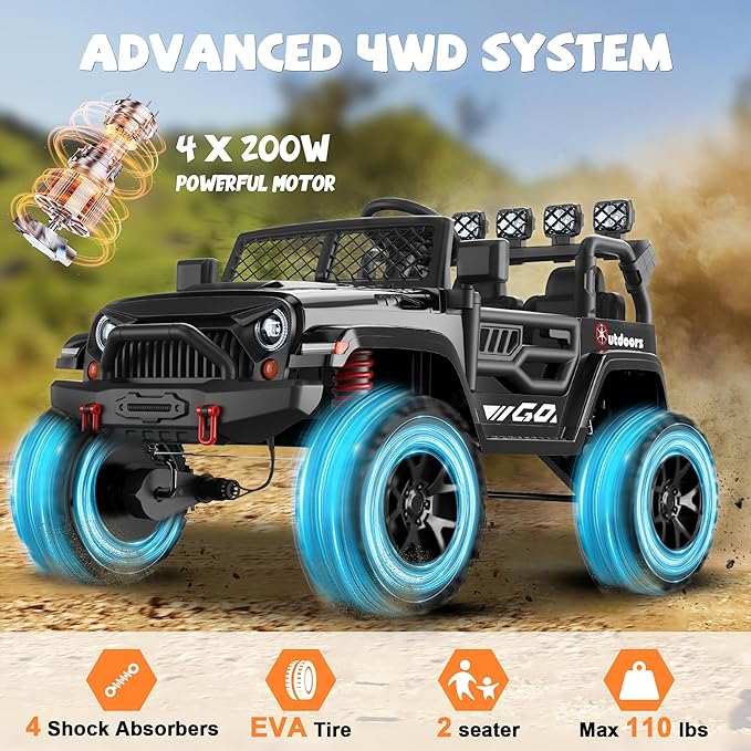 ANPABO 24V Ride on Toys for Big Kids, 2 Seater, 4x200W Motors, EVA Tires, Remote Control, 4 Shock Absorbers, Bluetooth, Electric Ride on Car for Kids 3-8(Black)