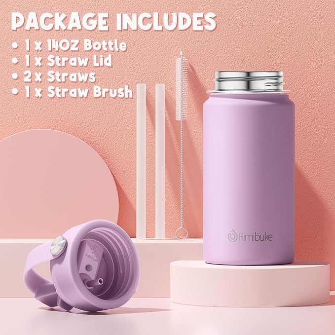 Fimibuke Kids Insulated Water Bottle - 14oz BPA-FREE 18/8 Stainless Steel Travel Tumbler Leak Proof Double Wall Vacuum Kids Cup with Straw Metal Water Bottle for School Boys Girls (1 Pack, Candy)