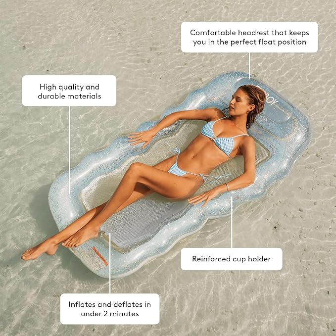 FUNBOY Clear Inflatable Mesh Pool Lounger Mesh Water Hammock with Built-in Pillow 70" Pool Hammock Float for Adults Swimming Pool Accessories & Tanning Pool Lounger Float for Pool Party & Summer