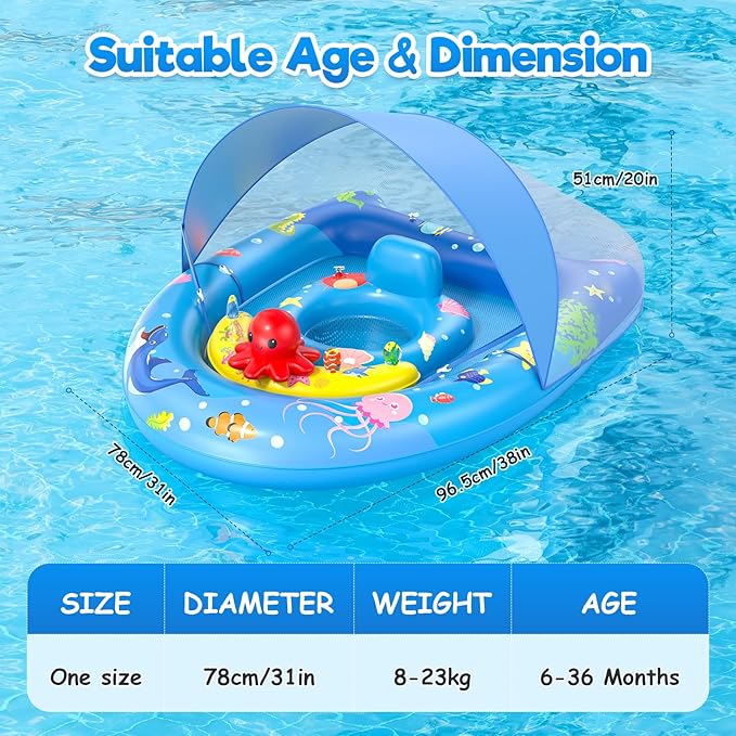 Sunrad Baby Pool Float with Canopy UPF50+ Sun Protection, Inflatable Baby Swim Float with Toy Play Console & Adjustable Safety Seat, Toddler Infant Pool Floaties for 6-36 Months
