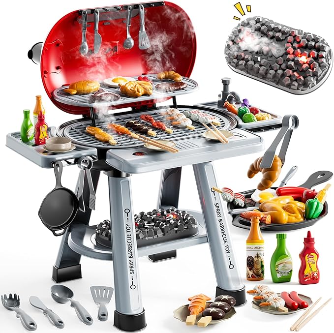 Kids BBQ Grill Playset for Kids Ages 4-8, Play Kitchen Toys with Smoke & Light for Boys Ages 3 4 5 6 7, 2-Layer Barbecue Toys Play Food Set, Indoor Outdoor Cooking Toy for Boys Girls 3-5