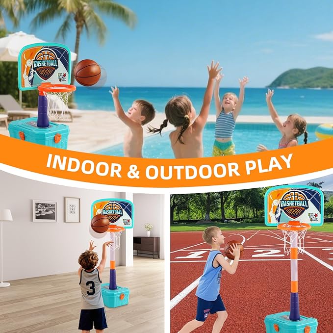 Kids Basketball Hoop and T Ball Set for Toddler 3-5, 4 in 1 Height Adjustable - Toddler Basketball Hoop Indoor Toy for Kids Outdoor Basketball Goal, Portable Sport Toy Gifts for Boy Age 3 4 5