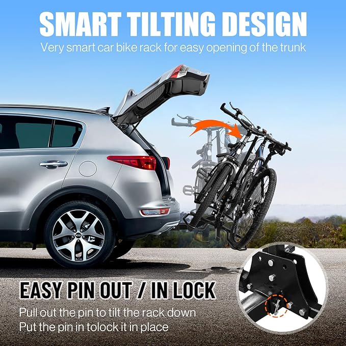 2" Hitch Mount Bike Rack, 2 Bike Folding Tiltable Platform Style Carrier 150lbs for Standard, Fat Tire, and Electric Bicycles with Hitch stabilizer,Trailer Hitch Lock, 2 Ratchet Straps