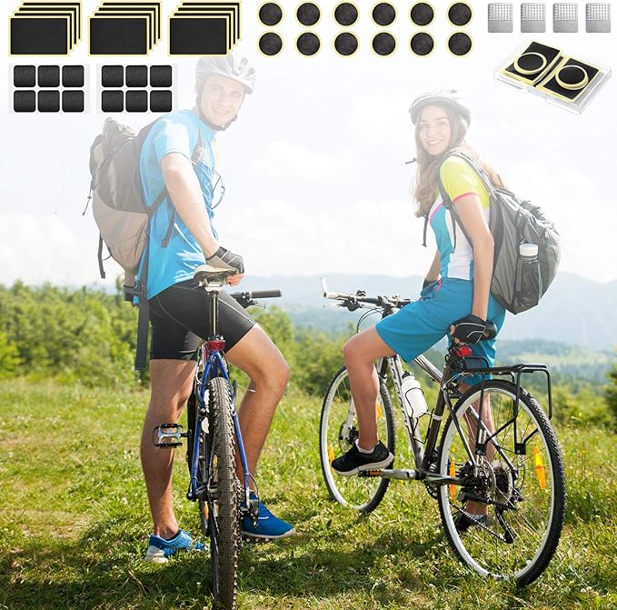 40 Pieces Bicycle Tire Repair Kit Includes 36 Pieces Glueless Bike Tube Patches Self Adhesive Bicycle Tire Patches Included Round Square Rectangle and 4 Pieces Metal Rasps for Road Mountain Bikes