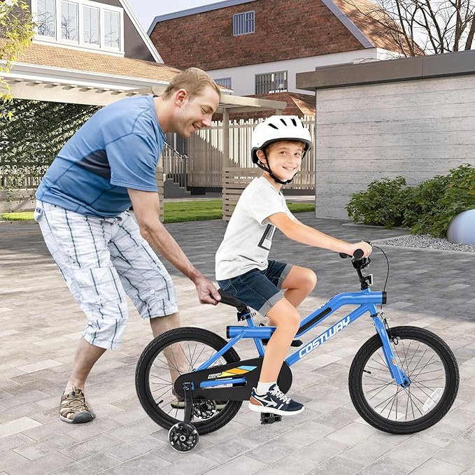 COSTWAY 16”/18” Lighted Kids Bike, Children Sport Bicycle with LED Light-up Frame, Adjustable Saddle, Training Wheels, Handbrake & Coaster Brake, Kids Riding Bike for 4-7/4-8 Years Old Boys & Girls