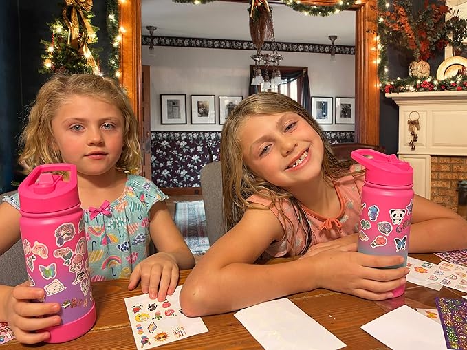 mininoo Girls Water Bottle for School, 16oz Stainless Steel Insulated Metal Water Bottle with Straw Lid for Boys (2 Pack)