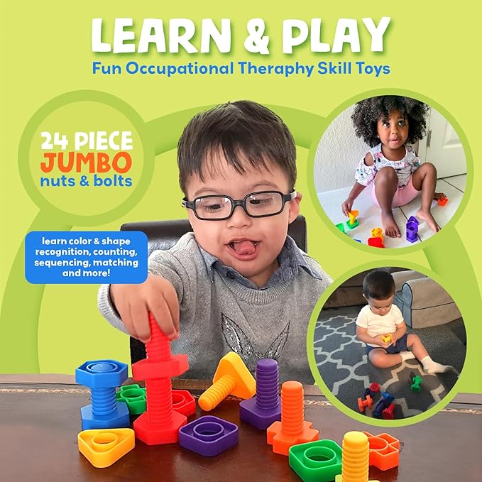 Skoolzy 24 Pc Jumbo Nuts and Bolts - STEM Motor Skills & Therapy Activity Set for Kids & Seniors