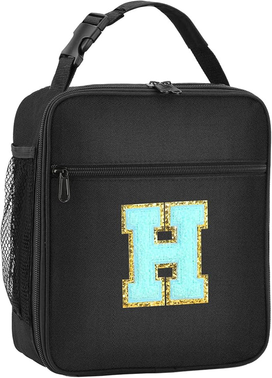 Initial Insulated Lunch Bag, Lunch Box with Initial Letter Patch for Teen Adult, Reusable Lunch Bag for Men Women, Ideal Back to School Gift Birthday Gift, Blue H
