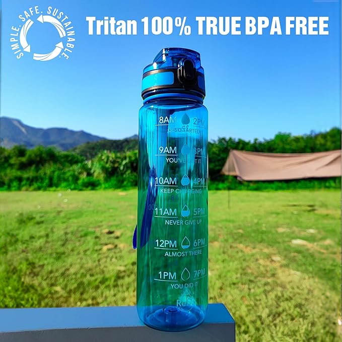 OLDLEY Water Bottle, 32oz Motivational Sports Water Bottle with Time Marker - Times to Drink - Tritan, BPA Free, Wide Mouth Leakproof, Glacial Blue (1 Bottle)