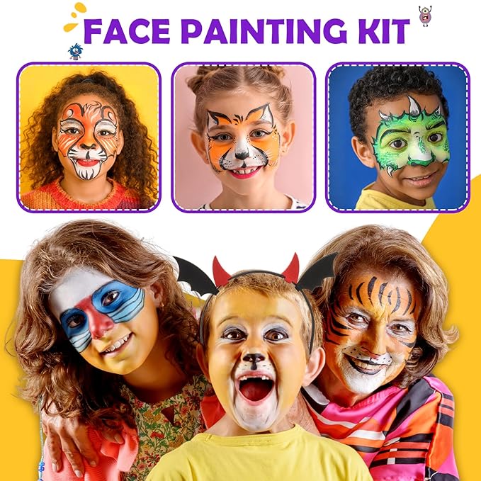 Face Painting Kit for Kids, 24 Colors Water Based Non-Toxic Face Paint with Stencils & Brushes, Professional Body Makeup Set with Guide Book, Washable Face & Body Paint for Halloween Birthday Parties