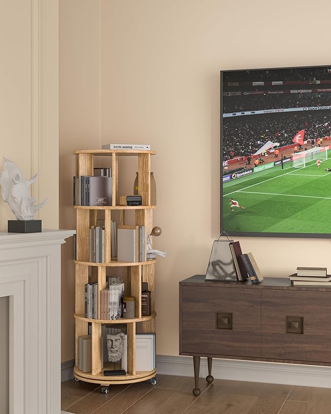 4-Tier Solid Wood Rotating Bookshelf on Wheels, 360° Spinning Book Shelf Tower, Round Revolving Bookcase Organizer, Rolling Bookshelves for Small Spaces, Corner, Bedroom, Kids Room, Office, Natural