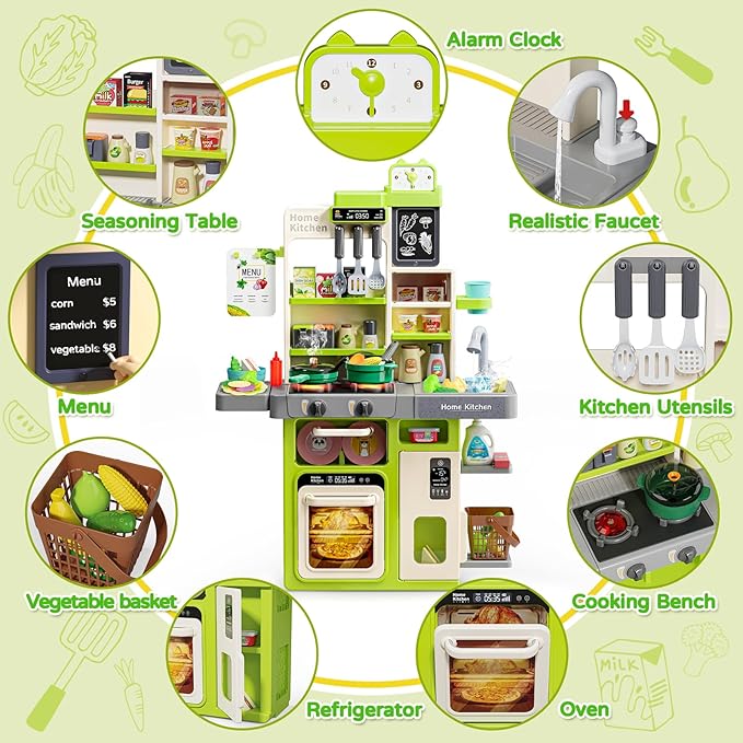 Letapapa Kids Play Kitchen Set, Kitchen Toys with Realistic Sound & Light, Cooking Stove, Sink, Play Food and Kitchen Accessories, Kitchen Playset Gifts for Toddlers Girls Boys