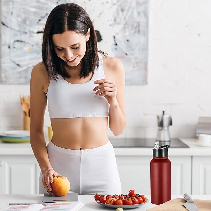 VEGOND 32 oz Insulated Water Bottle Bulk Stainless Steel Metal Water Bottles with Leak Proof Straw Lid & Spout Lid, Wide Mouth Double Walled Vacuum Travel Sports Bottle, Red 8 Pack