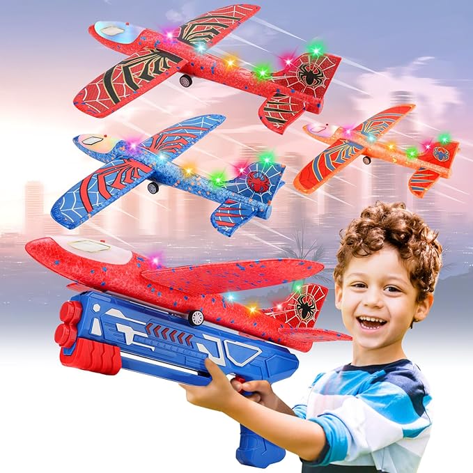Fuwidvia 3 Pack Airplane Launcher Toys, 13.2'' Spider LED Foam Glider Catapult Plane Toy for Boys, 2 Flight Modes Outdoor Flying Toys Birthday Gifts for Boys Girls 4 5 6 7 8 9 10 11 12 Year Old