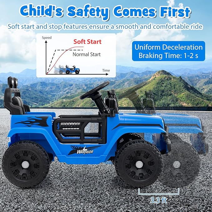 Costzon Kids Ride on Car Truck, 12V Electric Vehicle w/Foldable Mirrors, 3 Speeds, LED Lights, Music & Horn, Ride on Toys Remote Control Car for Toddlers, Boys & Girls (Blue,34" × 23" × 21")