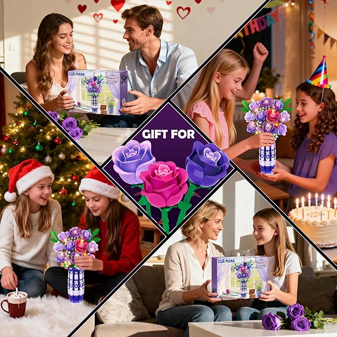 Purple Roses Flowers Building Set with Vase & LED Light, 17 Mini Flowers Bouquet Building Blocks Toy, Artificial Flowers for Home Office Decor & Display, Gifts for Adults Women Kids Girls 12+