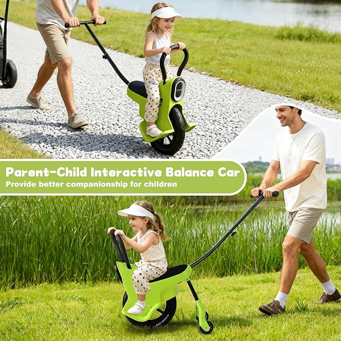 12in Hand Push Unicycle for Kids, Light Unicycle Bikes with Light/Handrails/Auxiliary Wheels, Parent-Child Unicycle Bike, Unicycle Balance Bikes, Kids Unicycle Bicycles (Green)