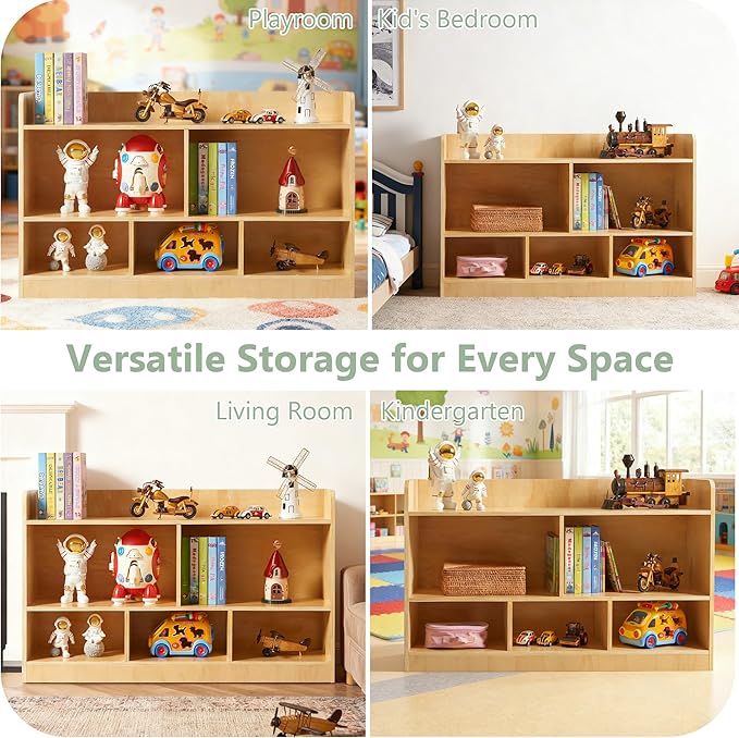 Wooden Storage Cabinet, 2-Tier Montessori Bookshelf, 5-Section Kids Toy Storage Organizer Toddler Book Shelf, Book Shelf for Kids Rooms, Playroom and Preschool