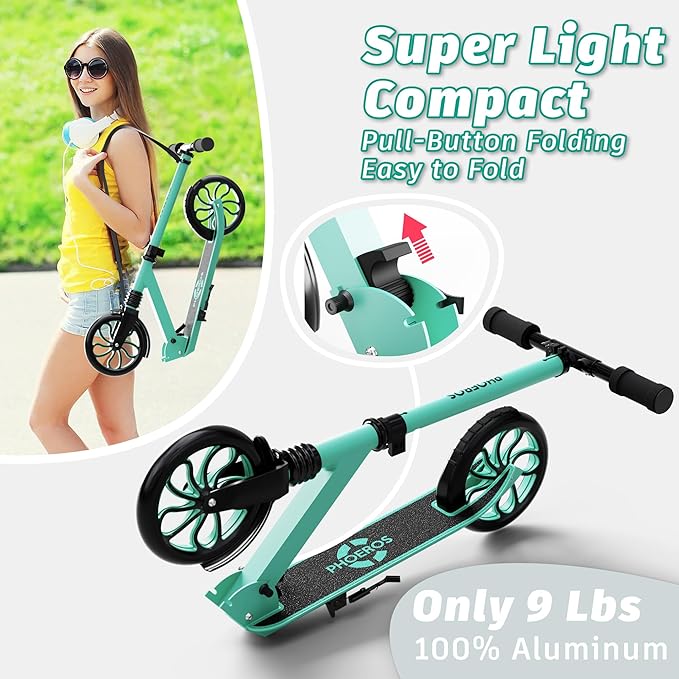 PHOEROS Kick Scooter for Kids Ages 6-12,Teens & Adults, Youth. Lightweight Aluminum Kick Scooter for Teens Adults Boys Girls with 8 inch Big Wheels, Foldable, 3 Height Adjustable, Shock Absorption.