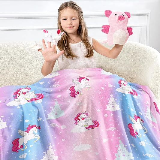 Wajade Kids Pink Unicorn Blanket for Girls,Soft Fleece Kids Blanket for Couch Sofa Bedroom, Unicorn Castle Clouds Throw Blanket for Kids,60"x80"