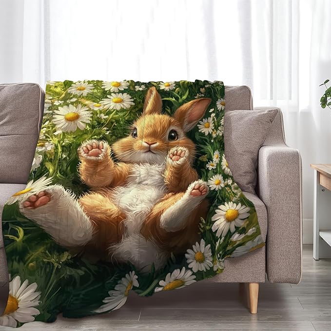 Cute Rabbit Blanket Bunny Hare Throw Blankets Daisy Gifts for Girls Boys Kids Rabbit Lover Soft Cozy Fleece Plush for Couch Sofa Bed 50"x40"