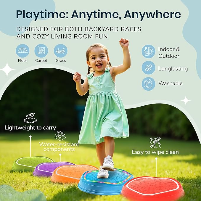 DREAMSCAPE KIDS Glow-in-The-Dark Musical Balance Stepping Stones, 5 pcs, Non-Slip Sensory Toy with Lights & Music, Indoor/Outdoor Montessori Obstacle Course for Toddlers & Kids 3+