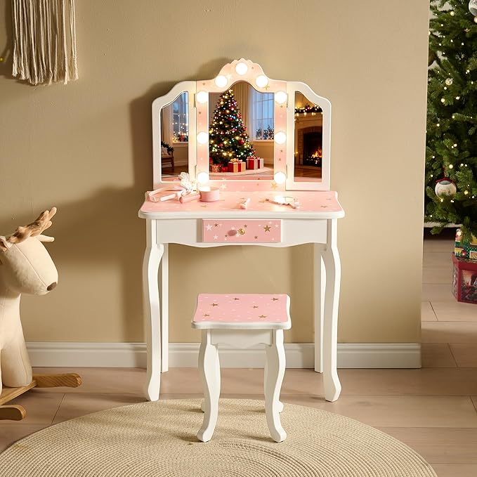 Kids Vanity Set, Princess Toddler Makeup Vanity with Mirror and 3-Color LED Lighted, Wooden Kids Vanity Table and Chair Set with Drawer for Little Girls