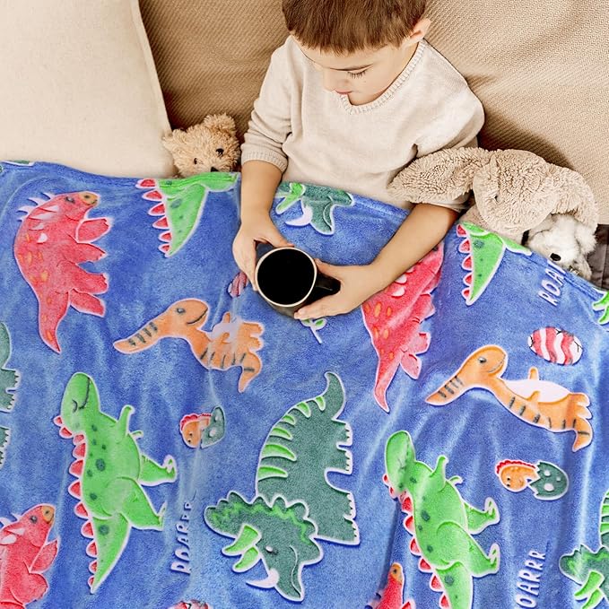 Dinosaur Blanket Glow in The Dark for Boys Girls - Dinosaur Gifts for Kids Birthday Christmas - Dino Toys for Toddlers, Red Green Throw Blanket Decor for Bed Couch 40"x50"
