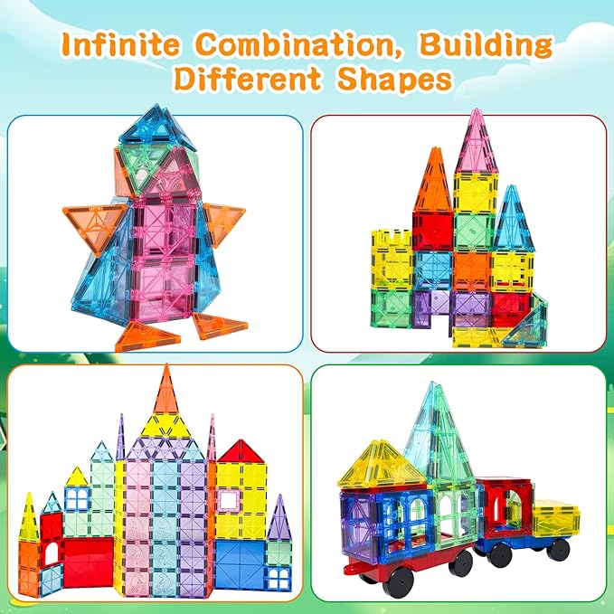 Magnetic Tiles 120PCS Kids Games Toy Building Blocks STEM Classroom Educational Learning Sensory Montessori Magnet Toys for Toddler Boys Girls 3+ Year Old with 2 Cars