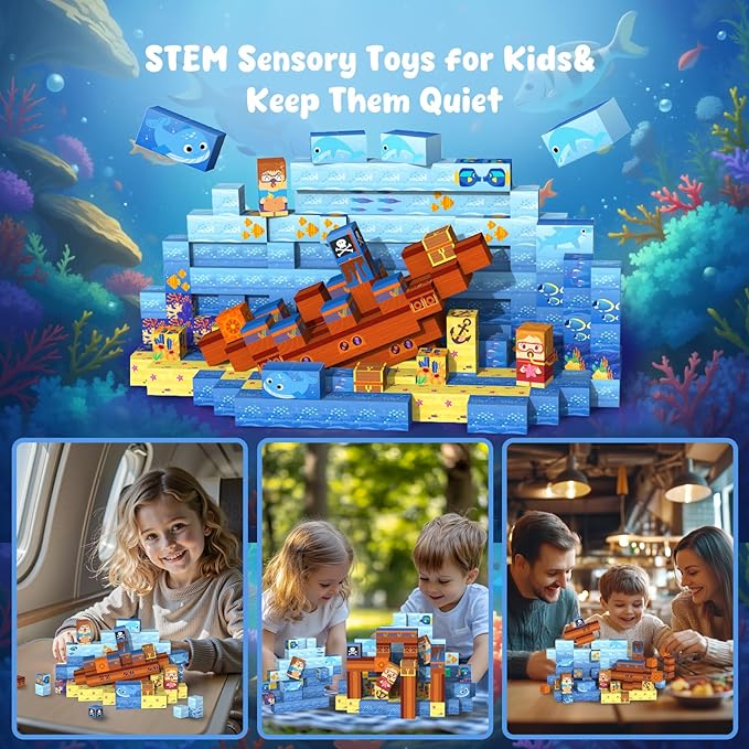 Magnetic Blocks— 120PCS Magnet Toys for Kids, Magnetic Building Blocks Cubes, Montessori Sensory Stacking Magnets, School STEM Toys Birthday Gifts for Boys and Girls Age 3+ Years Old (Ocean Explore)