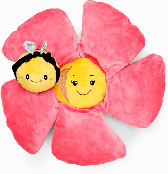 Flourish Pets 3 in 1 Multi-Layer Chew Toy for Active Dogs | Non-Toxic BPA Free Double Stitched Soft Fabric Exterior Dog Toys | Long-Lasting Dog Plush Toys - Large Pink Poppy 17"