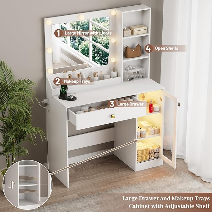 Makeup Vanity with Mirror and Lights & Power Outlet, 34'' Small Vanity Desk with Drawers and Storage Cabinet & Makeup Tray, Dressing Table for Girls Bedroom Dressing Room, White