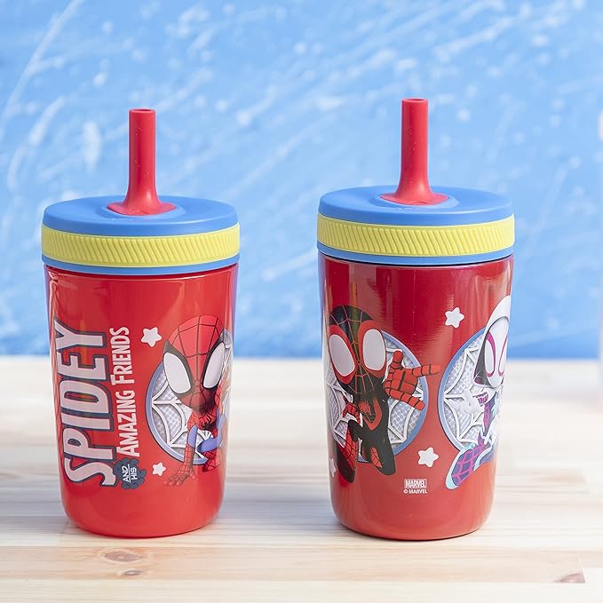 Zak Designs Spidey and His Amazing Friends Kelso Tumbler Set, Leak-Proof Screw-On Lid with Straw, Bundle for Kids Includes Plastic and Stainless Steel Cups with Bonus Sipper, 3pc Set, Non-BPA