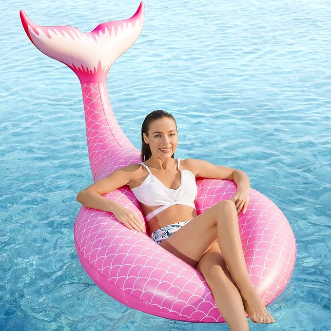 Jasonwell Giant Inflatable Mermaid Tail Pool Float with Fast Valves Pool Floaties Tube Summer Beach Swimming Pool Party Lounge Raft Water Floaty Decorations Toys for Adults Kids Pink L