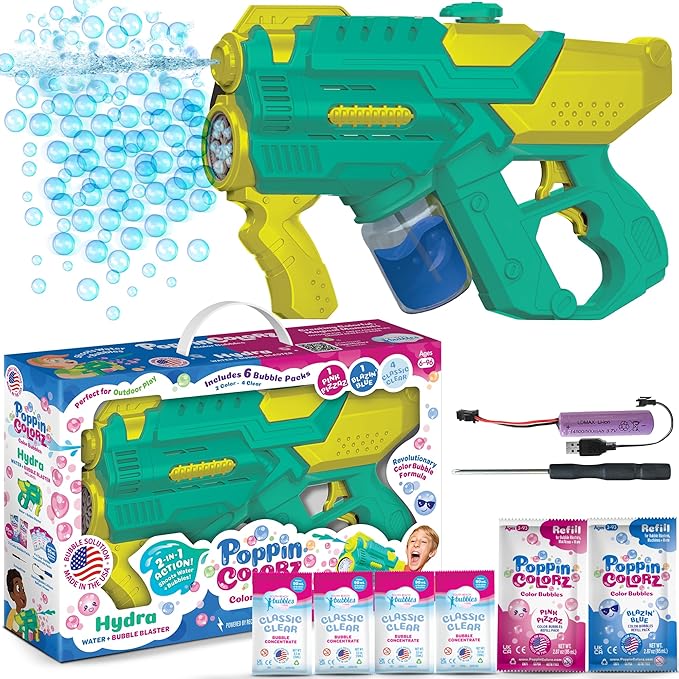 PoppinColorz Hydra Rechargeable 2-in-1 Color Bubbles Blaster & Water Gun:2025 Toy of The Year Winner. 2X Color Bubble Liquid & 4X Clear No-Spill. Bubble Solutions for Toddlers. Bubbles Made in USA