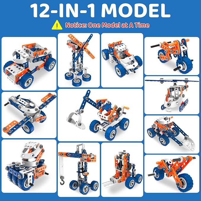 12 in 1 Stem Toys for 5 6 7 8 9+ Year Old Building Block Stem Activities Projects Kit Kids age 4-8 5-7 Creative Set Helicopter Excavator Educationa Engineering Erector Set Birthday Gift Boy Toys Girl