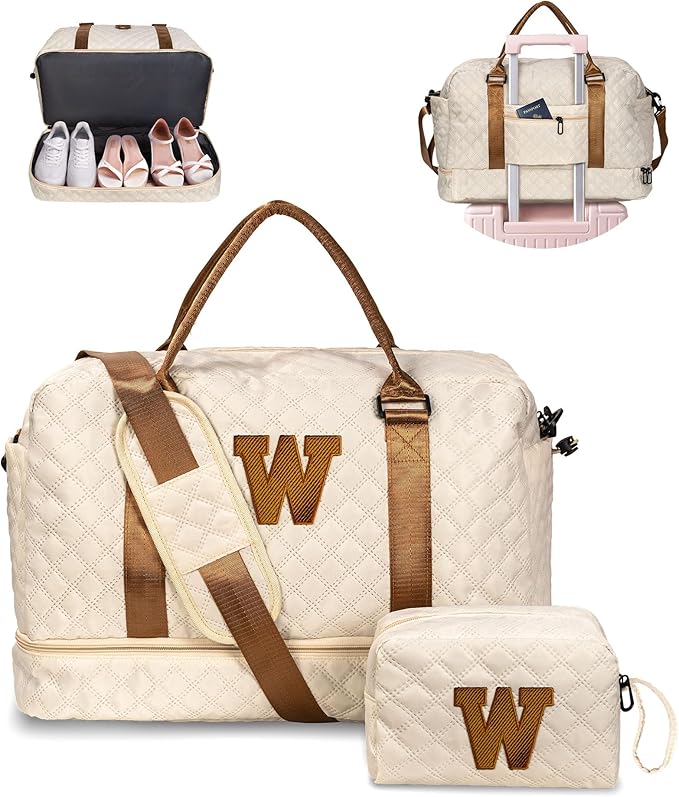 Personalized Initial Duffle Travel Bag, Monogram Weekender Overnight Bag for Women with Wet Pocket and Shoulder Strap, Female Travel Bag with Makeup Bag Gift (Letter W)