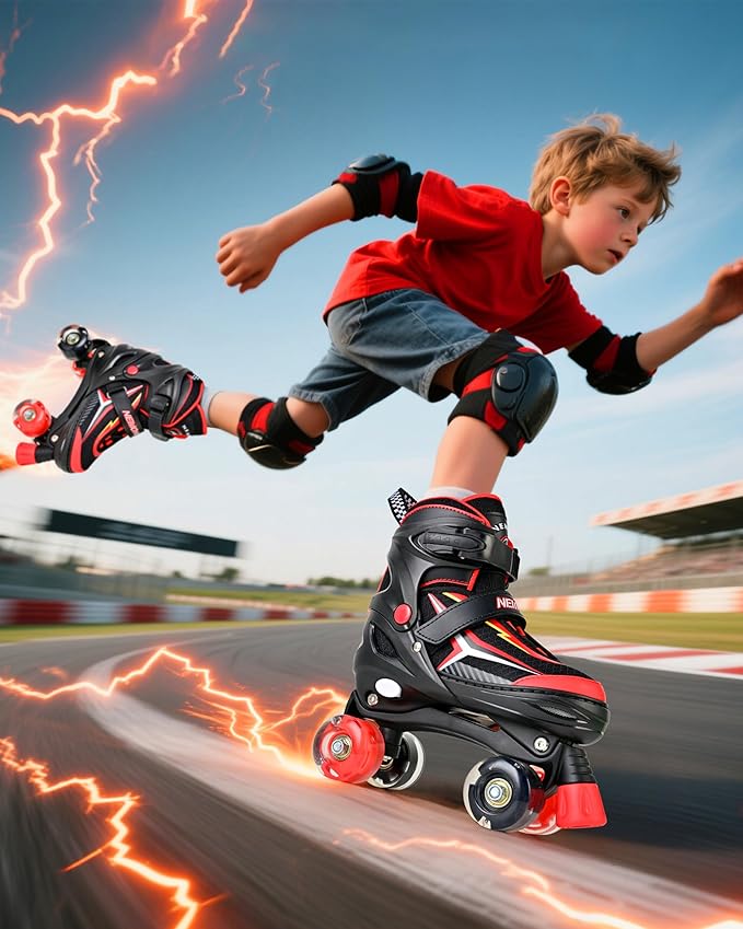 NEMONE Roller Skates for Boys Kids Ages 4-6 5-8 6-12 8-12 with 4 Sizes Adjustable Light up Wheels, Todder Beginner Rollerskates Indoor Outdoor Sports